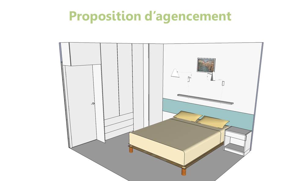 Proposition d'agencement de la chambre aux rangements optimisés, avec un grand dressing sur-mesure